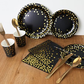 201PCS Black and Gold Polka Dot Paper Party Supplies,Serve 25 Guests Disposable Black Paper Plates Napkins Cups Plastic Forks Knives Spoons Dinnerware for Birthday Wedding Graduation (Black)