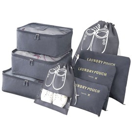 Vicloon Suitcase Organiser, 8–in–1 Set Luggage Organiser, Waterproof Travel Garment Bags Includes 2 Shoe Bags, 3 Packing Cubes and 3 Storage Bags, for Clothes, Shoes, Cosmetics, Grey