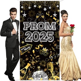 DPKOW Prom Decorations 2025 Prom Night Banner, Fabric Prom Door Banner Prom Door Cover, Black Gold Silver Class of 2025 Banner Graduation Decorations 2025 Indoor Outdoor Prom Photo Backdrop, 185*90cm