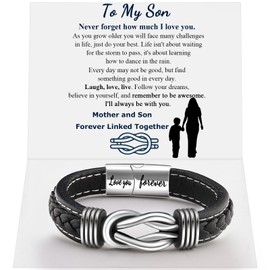 QWNHONEY Birthday Gifts for Son from Mom Infinity Knot Leather Bracelet forever Linked Together Bracelet Birthday Christmas Anniversary Bracelet Idea Mens Gift Black Braided Cuff Bracelet 7.8 Inches