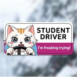 Funny Student Driver Magnet – Adorable Cartoon Cat Design with 'I’m Freaking Trying!' Text, 7.6x3.6 Inches, Perfect for New Driver Magnet for Car, Automotive Magnet