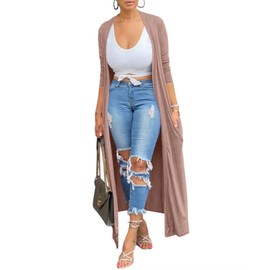 Adogirl Women's Casual Long Sleeve Lightweight Soft Cover Ups Outerwear Open Front Maxi Drape Cardigans with Pockets, Apricot, Large