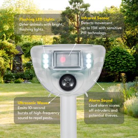 Solar Ultrasonic Animal Repeller with Motion Sensor – Outdoor Waterproof Pest Deterrent for Birds, Cats, Squirrels, Deer – Adjustable Frequencies, Flashing LED, Alarm & Bluetooth App Control