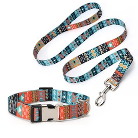 Dog Collar and Leash Set, Quick Release Buckle Soft Durable Print Puppy Collars Adjustable for Small Medium Large Pet Male Dogs Boy Cat Maya L