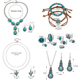 18PCS Western Jewelry For Women,Turquoise Jewelry Set with Turquoise Rings and Necklace Vintage Turquoise Drop Earrings Faux Leather Bracelet,Boho Western Jewelry Anniversary Birthday Friendship Gift