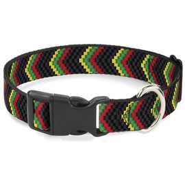 Buckle Down Plastic Clip Collar - Chevron Weave Black/Rasta - 1" Wide - Fits 11-17" Neck - Medium