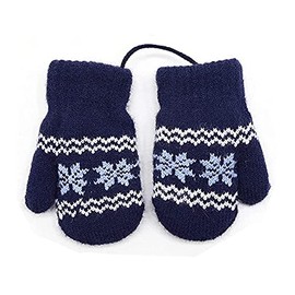 Knitted Wool Gloves Winter Warm Fluffy Full Finger Mittens Cute Cartoon Gloves Thicken Velvet Hanging Neck Mittens Birthday Xmas Gifts for 0-3 Y Kids (blue-flower, Length: 13 cm, palm width: 8 cm)