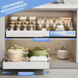 Emlaoe Expandable Pull out Cabinet Organizer (12.6"-20.4") Pull Out Drawers for Cabinets in Kitchen Pantry or Bathroom Heavy Duty Slide out Drawers Fixed with Adhesive Nano（21" Depth, 1 Pack）