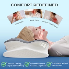 BDEUS Cervical Neck Pillow for Sleeping Ergonomic Pillow Memory Foam Pillows Side Sleeper Pillow for Neck Pain Relief Sleep Apnea Pillow Butterfly Arm Grooves Dual Height, Grey