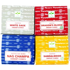 Satya Nag Champa Incense Cones Hot Mix, Agarbatti, Dragons Blood, Sandalwood, White Sage, 4 Packs of 12 Cones in each box (4, Hot Mix)