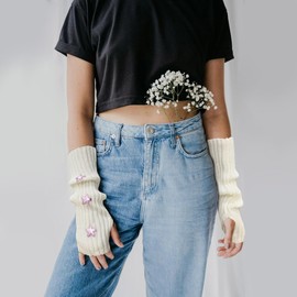 zhuohai Y2K Fingerless Warmers Arm Sleeve,Winter kawaii Goth Half Knitted Arm Gloves for Cool Girls (white)