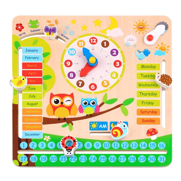 Woody Treasures - Montessori Wooden Toys Kids Clock - Wooden Toy for 3 Year Olds - Unique Learning Toy for Toddlers Learn About Seasons, Months, Days of Week, Time Telling - Educational and Fun