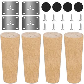 GOMETY Pack of 4 Wooden Furniture Feets, 10 cm Solid Wood Conical Replacement Table Legs, Oak Table Legs with 4 Mounting Plates and 32 Screws, Round Wooden Legs for Chairs Sofa Bed Cabinet Couch and