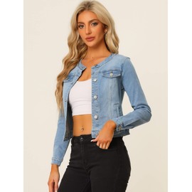 Allegra K Women's Denim Jacket Button Down Collarless Long Sleeve Jean Jackets X-Small Light Blue
