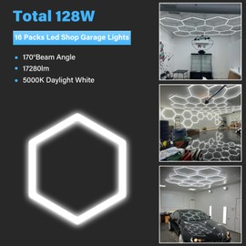 ALLYES KX Hexagon LED Garage Light, Dimmable Hex Shop Lights 6500K 17280LM 128W, Brightness Adjustable Led Ceiling Lights for Shop Garage Gym Workshop Basement