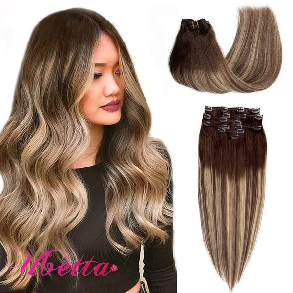 Human Hair Extensions Ubetta Clip in Hair Brown to Chocolate Brown with Honey Blonde Highlights Remy Clip in Hair Extensions for Women 7 pcs Double Weft Clip in Real Hair Extensions 16 Inch 120 Gram