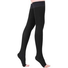 Thigh High Compression Stockings Toeless - Unisex, Opaque, KEKING 15-20mmHg Graduated Compression Leg Support Hose with Anti-Slip Silicone Band - Swelling, Varicose Veins, Edema, Travel, Black Large