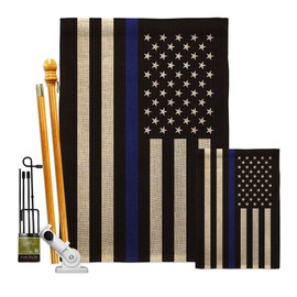 Thin Blue Line Burlap Garden House Flags Kit First Responders Police Cop Law Enforcement Sheriff Officer Support Small Decorative Gift Yard Banner Double-Sided Made In USA 28 X 40