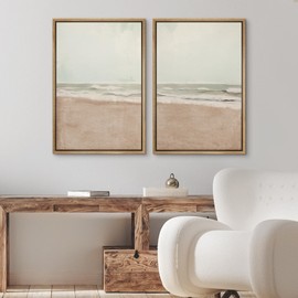 Ashbrook Framed Canvas Print Wall Art Set Coastal Calm Peaceful Shoreline and Oceanic Horizon Illustrations Modern Art Decorative Minimal for Living Room, Bedroom, Office - 16"x24"x2 Natural