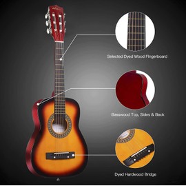 ADM Beginner Acoustic Classical Guitar 30 Inch Nylon Strings Wooden Guitar Bundle Kit for Kid Boy Girl Student Youth Guitarra Online Lessons with Gig Bag, Strap, Tuner, Extra String,Pick,Sunbrust 1