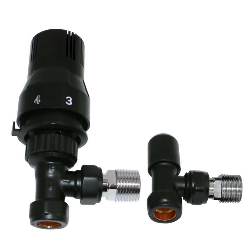 NRG 15mm Black TRV Thermostatic Radiator Valve + Lockshield Angled