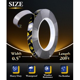 PHIXBEAR High Temperature Heavy Duty Double Sided Tape Resistant, 20 Ft X 0.5In, Strong Adhesion Waterproof Mounting Tape for Multi-Purpose Automotive Parts, LED Strip Ligh, Home, Office