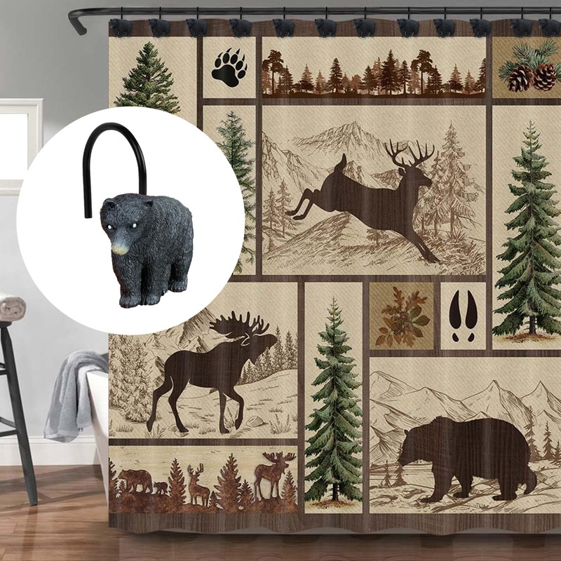 Sunlit Rustic Decorative Shower Curtain Hooks, Black Bear Shower Curtain
