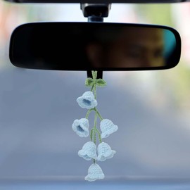 sourcing map Crochet Car Hanging Accessory, Handmade Ornament with 6 Cute Little Tulip Flowers for Car Decor Bag Keychain, Blue