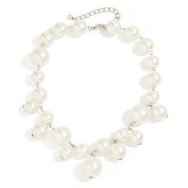 Chunky Pearl Choker Necklace Boho Statement Big White Pearls Beaded Exaggrated Large Faux Pearl Ball Round Silver Chain Necklace Thick Bold Necklace for Women Wedding Bridal Christmas Party Trendy Jewelry (Silver)