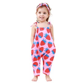Lindanina Toddler Girls Romper Red Strawberry Sleeveless Kids Jumpsuit Summer Cute 2-3T Clothes Adjustable Tie-Up Strap One Piece Pink Soft Casual Outfits with Pocket Headband Birthday