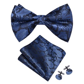 GUSLESON Mens Paisley Bow Tie Handkerchief Jacquard Woven Adjustable Pre-Tied Bowties Pocket Square Cufflinks Set, Dusty Blue, general