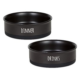 Bone Dry Ceramic Pet Bowls for Dogs & Cats Dishwasher & Microwave Safe, Non-Slip Bottom for Secure Feeding with Less Mess, Large Set, 7.5x2.4, Black, 2 Count