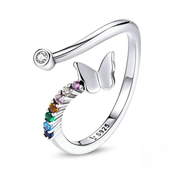 PAHALA 925 Strling Silver Rainbow Butterfly Ring Colorful Crystals Finger