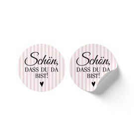 lijelove® 10 Aufkleber STRIPES Schön, dass Du da bist! 30mm Ø rosa (Art. TA02A-AK)