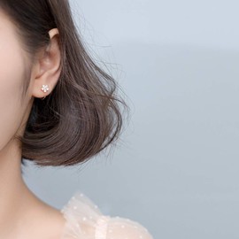 Dainty Crystal Flower Small Half Hoop Earrings Sterling Silver for Women Teen Girls Cute CZ Diamond Cartilage Huggie Hoops Cuff Stud Earring Nose Ring Hypoallergenic Christmas Gifts Jewelry (Gold)