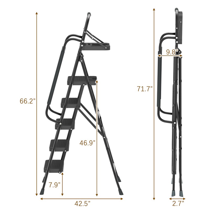 WiberWi 5 Step Ladder with Handrails Folding Step Stool with