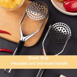 Obsoorth Mashed Potato Masher Stainless Steel Foldable Non Stick 12 Inch Long Handle Heavy Duty Smasher Kitchen Tool,Potato Masher and Peeler for Avocado, Bean, Baby Food, Silver