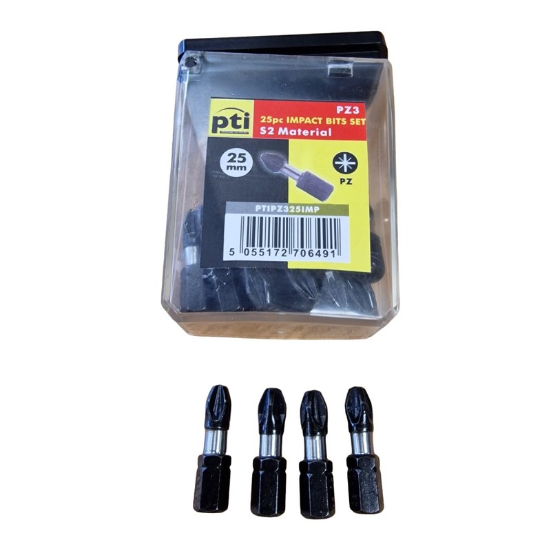 PTI 25pc Pozi PZ3 X 25MM Impact Screwdriver Bits Set