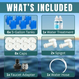 5-Gallon Stackable Water Tanks for Long-Term Emergency Storage | Complete Water Storage Kit for Survival with Lids, Spigot, Water Treatment, Hose & Faucet Attachment (6 Tanks (30 Gallons))