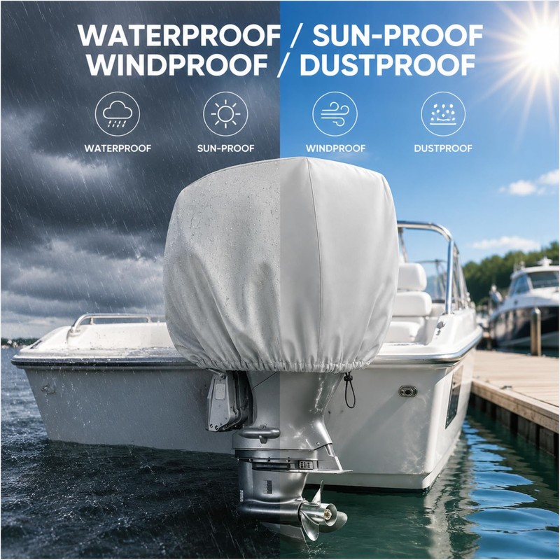 Outboard Motor Cover, 600D Heavy Duty Waterproof Trailerable Boat Engine