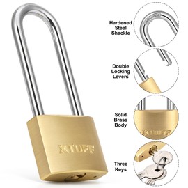 XTUFF Solid Brass Padlock with 6 Same Keys, Keyed Alike Padlock with 1-9/16 inch Wide Body, Locks with 2.5 Inch Extra Long Shackle for Indoor and Outdoor Usages 2 Pack
