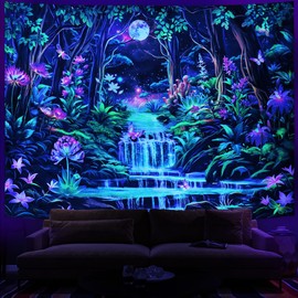 Leofanger Blacklight Fantasy Forest Tapestry Aesthetic Moon Tapestry UV Reactive Neon Galaxy Space Wall Tapestry Trippy Plant Floral Tapestry Wall Hanging for Home Decor(70.8"x92.5")