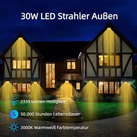 Wegoodlife 30 W LED Outdoor Spotlight, Super Bright 2335 LM Spotlight, 3000 K Warm White Outdoor Spotlight, IP66 Waterproof LED Floodlight, 50 cm Cable, No Plug, Outdoor Spotlight for Backyard,