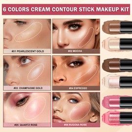 LZXLUKGIR 6 Colors Cream Contour Stick Makeup Contour Kit,Double-ended Cream Bronzer Stick,Highlighter Stick,Cream Blush Stick,Lightweight Contour Makeup Kit for Beginners - Set A