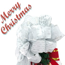 Christmas Tree Topper, 13 x 34 Inch Large Toppers Bow with Mesh Glitter Satin Streamer, Wired Edge Ribbon for Christmas Tree Decoration (Silver)