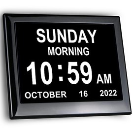 KASTISS Digital Calendar Day Clock 8 inch Black Extra Dementia Clock for Elderly Impaired Vision Memory Loss, Programmable Medication Reminder, Hourly Chime - Best Gifts for Family