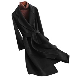 XMZFQ Womens Wool Trench Coats Autumn Winter Long Woolen Jackets Outwear with Belt,Black,M