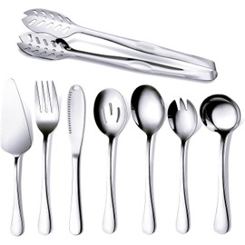 Utensilios para servir de 8 piezas: utensilio para servir de acero inoxidable con cuchara, tenedores, pinzas, servidor de tartas, cuchillo de mantequilla para fiestas, buffet (Plata)