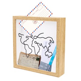 ASTIMESA 7.8" x 7.8" Adventure Archive Box Display Case, Transparent Travel Shadow Box Frame with Slot on Top, Map Travel Memories Holder for Keepsakes Gift Ticket Photo (Beige)