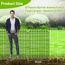 10 Panels Dog Fence Outdoor for Yard, 40in (H) X 23.6ft (L) Decorative Garden Fence Animal Barrier No Dig, Rustproof Metal Garden Edging Fence Stakes and Borders, Portable Outside Pet Playpen